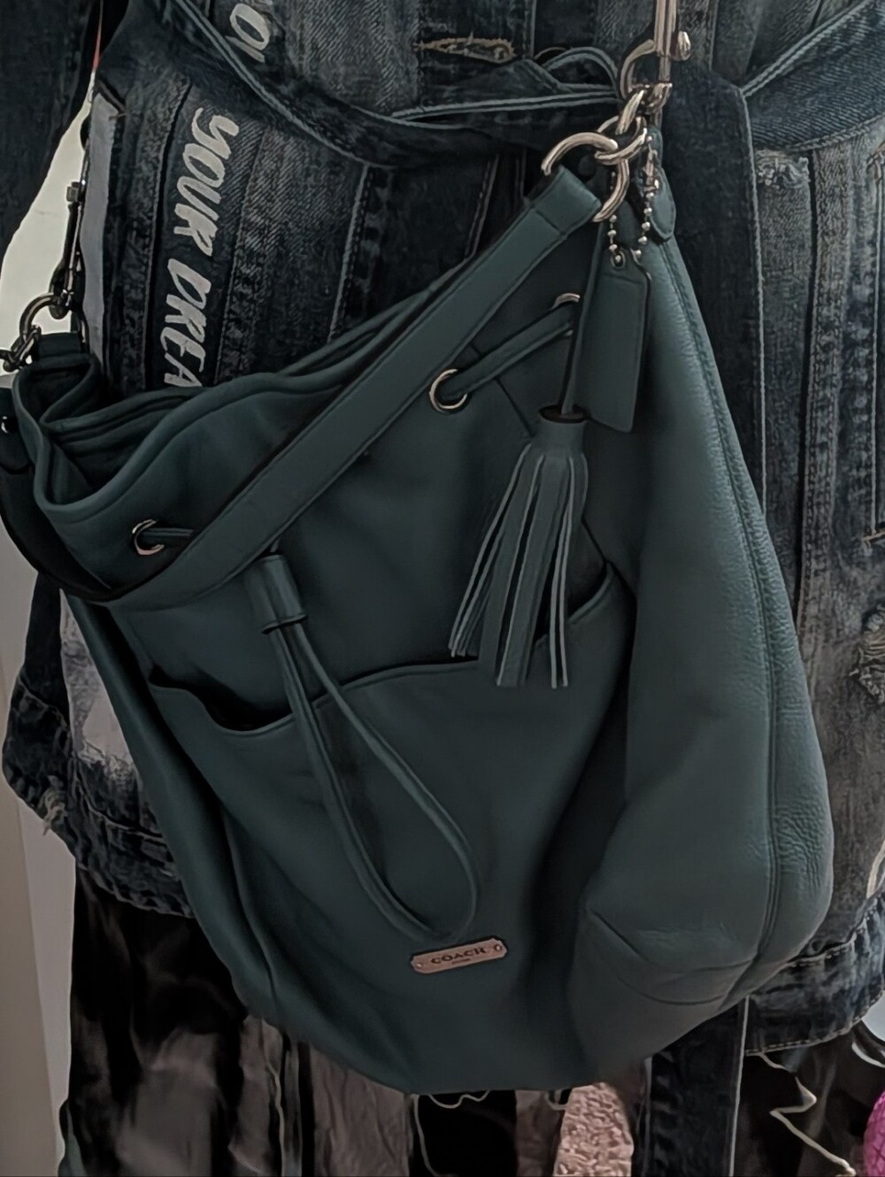 COACH Deep Teal Leather Shoulder Hobo with Tassel